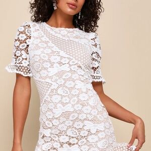 Lulu's White Puff Sleeve Sheath Midi Dress